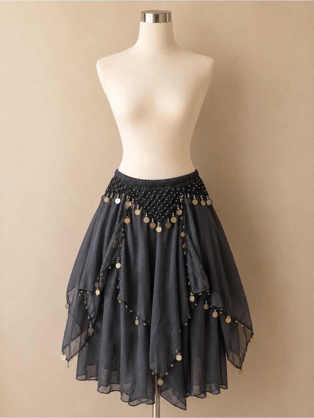 Black Coin Trim Belly Dance Chiffon Skirt Boho Gypsy Festival S/M